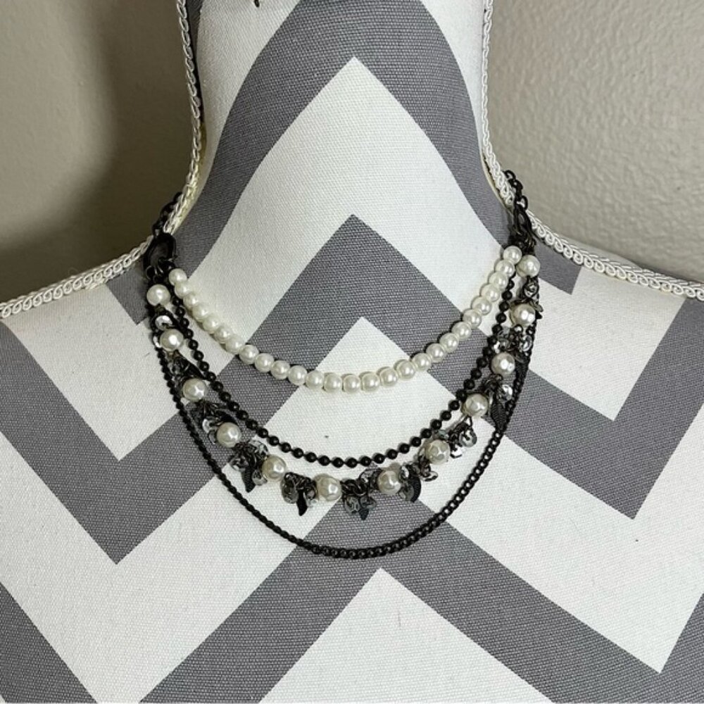 4 Layer Dark Brown Metal Chain Link White Pearls Sequin Leaf Necklace Casual